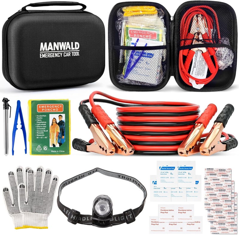 MANWALD Emergency Car Tool Kit Roadside Assistance Tool Kit, Vehicle Safety Tool with Headlamp, Gloves and Jumper Cable Kit, Essential Car Accessories for Men, Women - Image 1